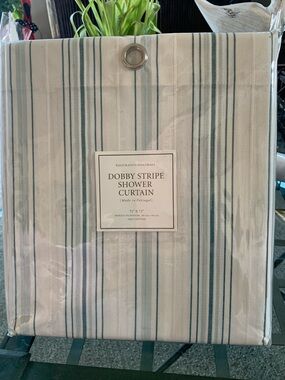 NWT Restoration Hardware Dobby Stripe Shower Curtain Teal Cream 100% Cotton